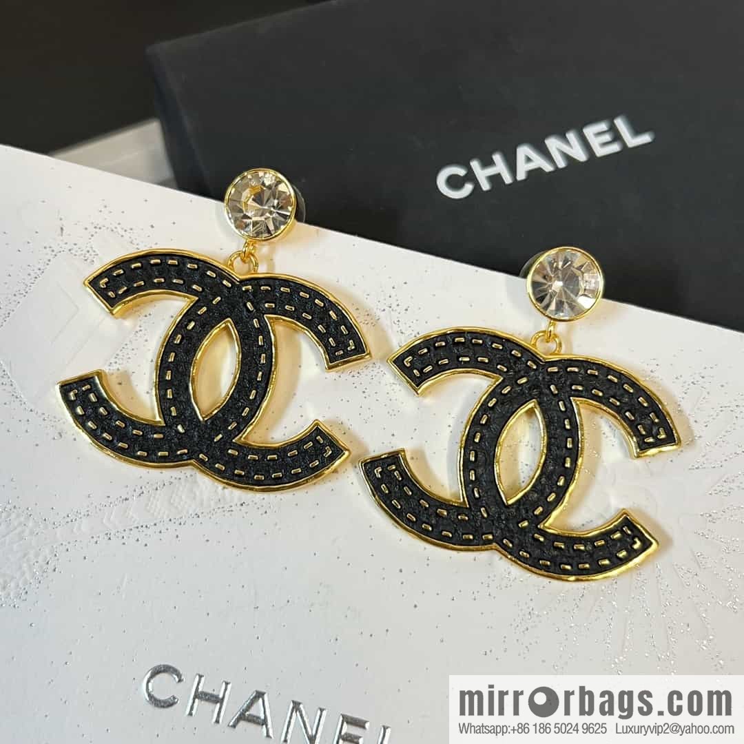 New ☑️ CHANEL Chanel c2 double c black leather round diamond stud earrings