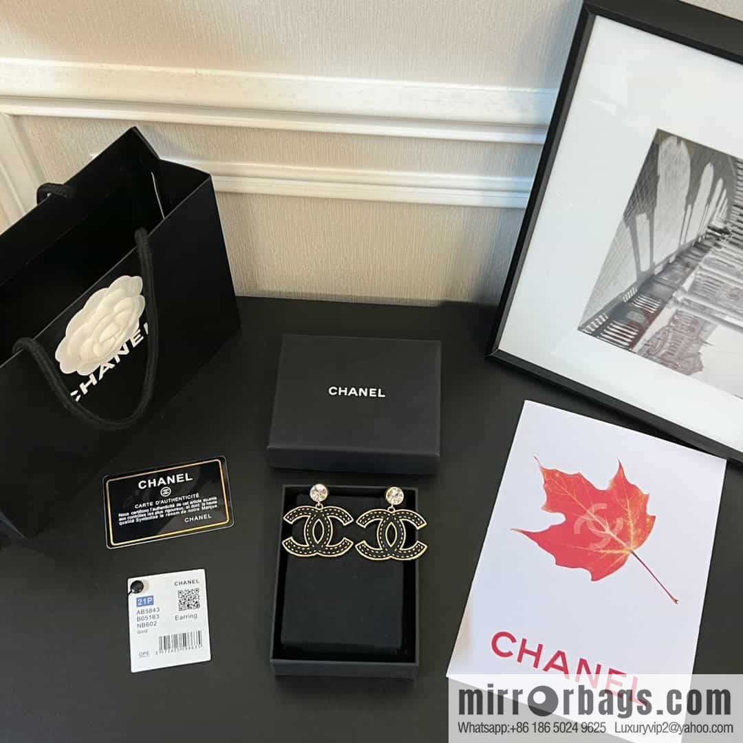 New ☑️ CHANEL Chanel c2 double c black leather round diamond stud earrings