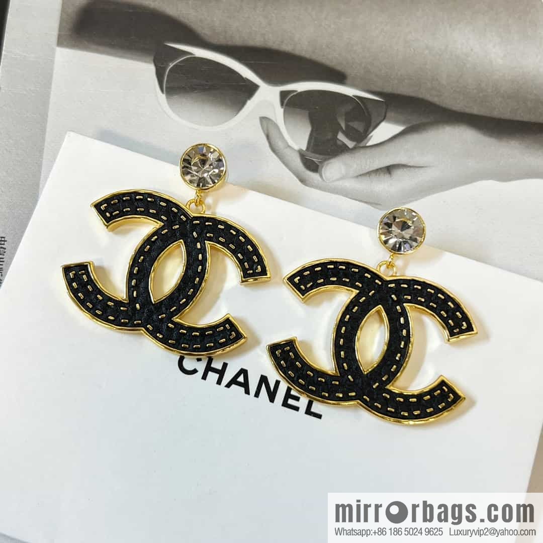 New ☑️ CHANEL Chanel c2 double c black leather round diamond stud earrings