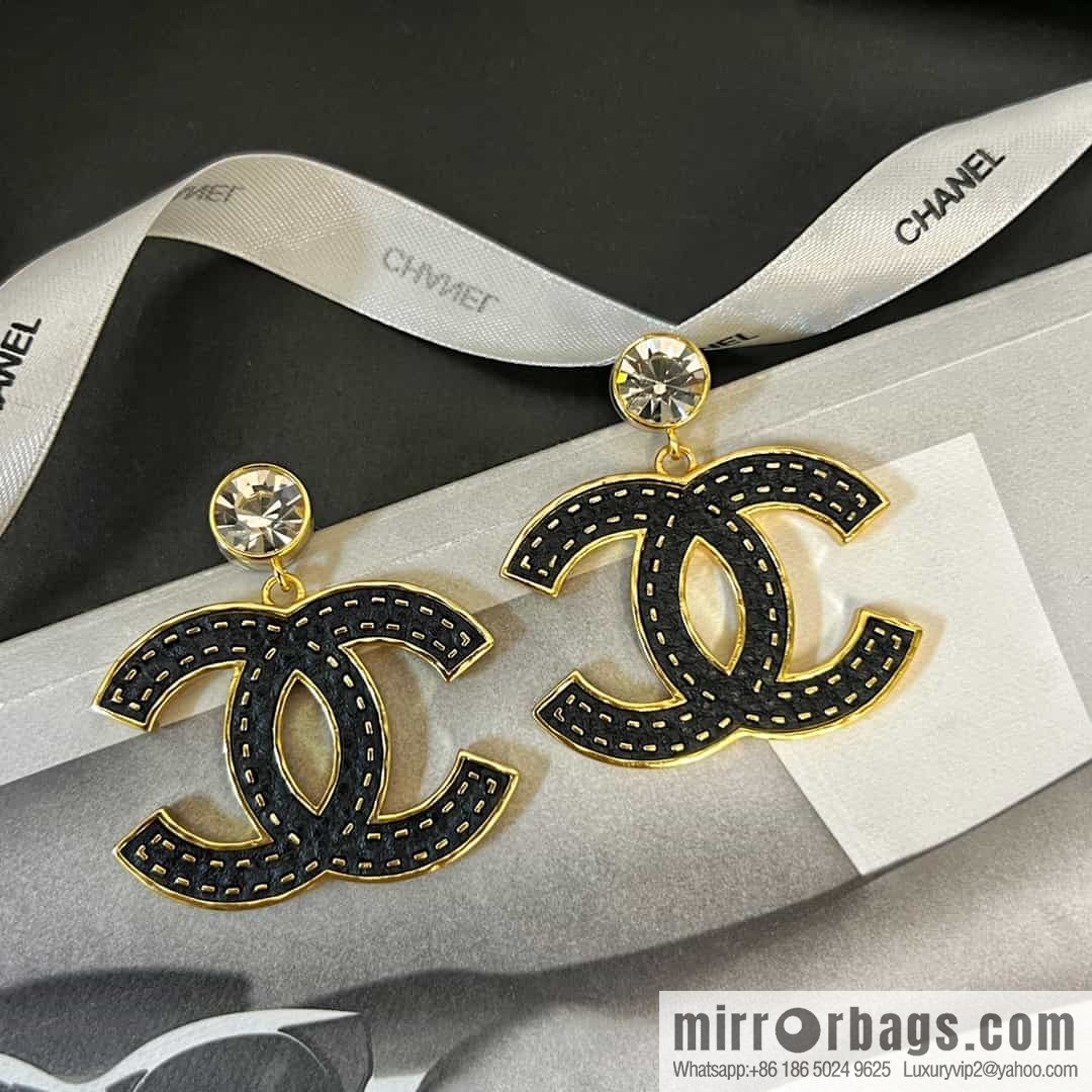 New ☑️ CHANEL Chanel c2 double c black leather round diamond stud earrings