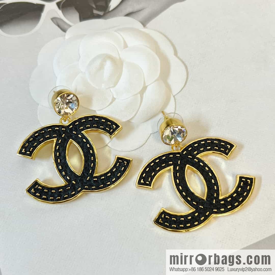 New ☑️ CHANEL Chanel c2 double c black leather round diamond stud earrings