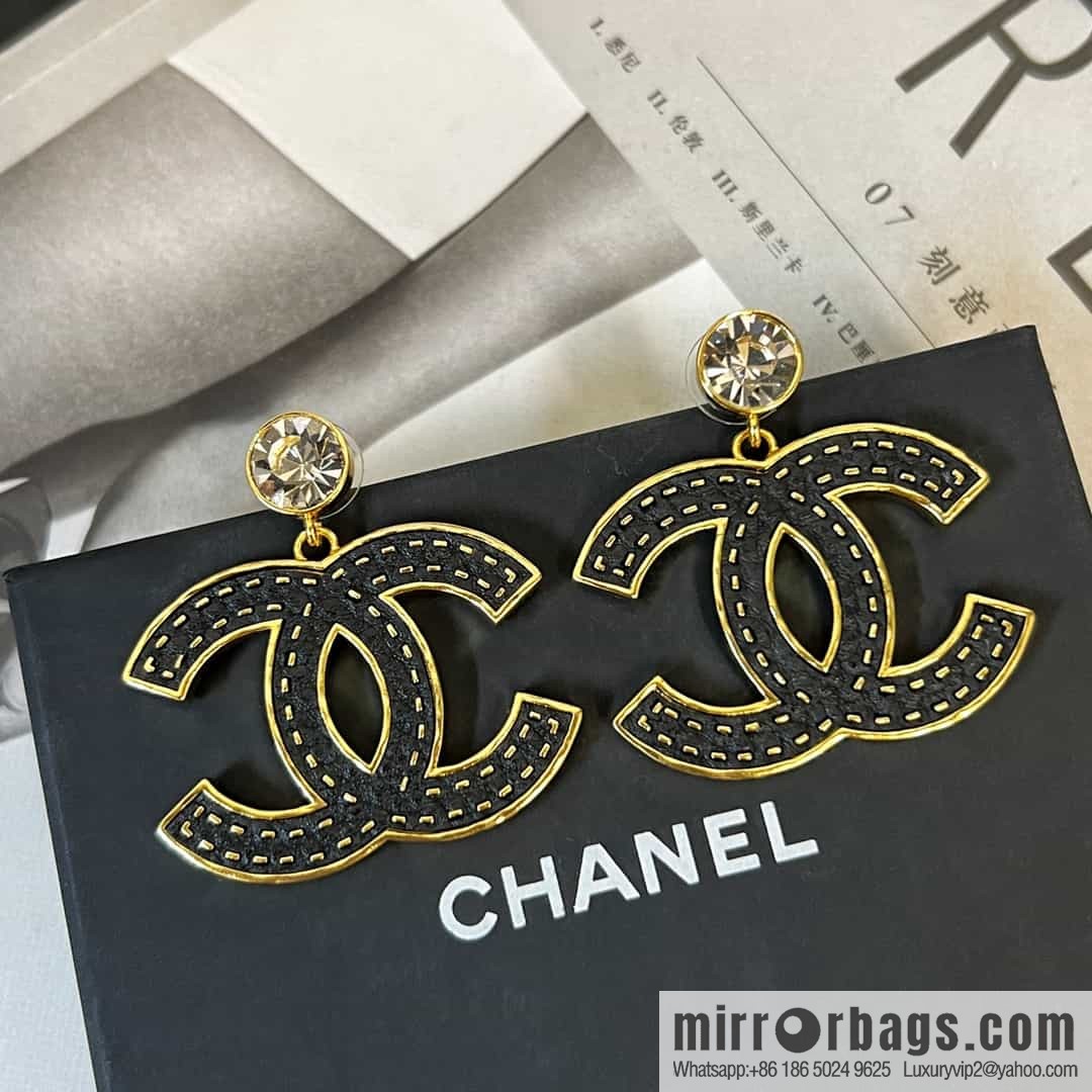 New ☑️ CHANEL Chanel c2 double c black leather round diamond stud earrings