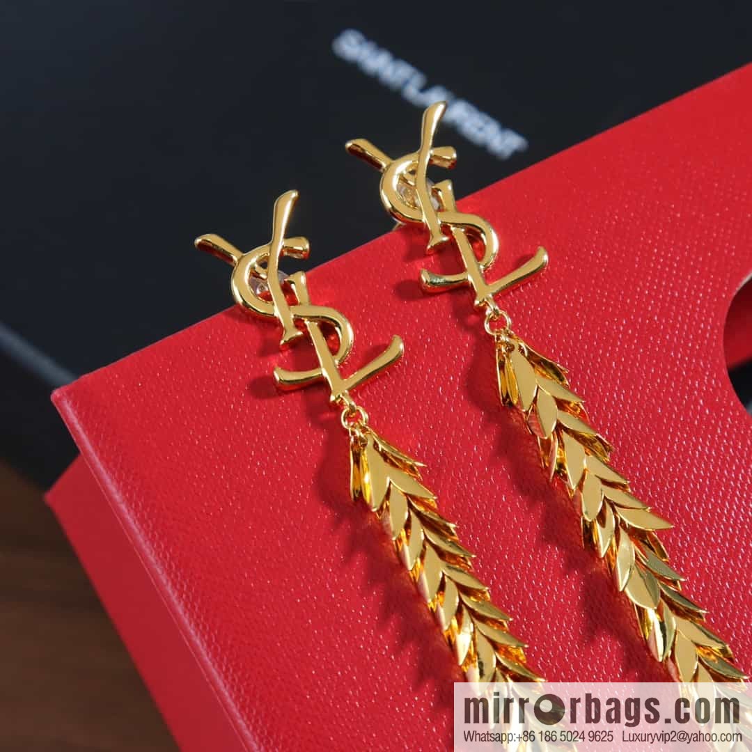 Saint Laurent YSL gold fringed leaf stud earrings