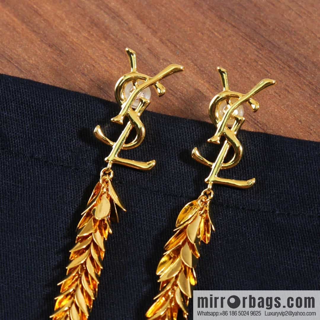 Saint Laurent YSL gold fringed leaf stud earrings