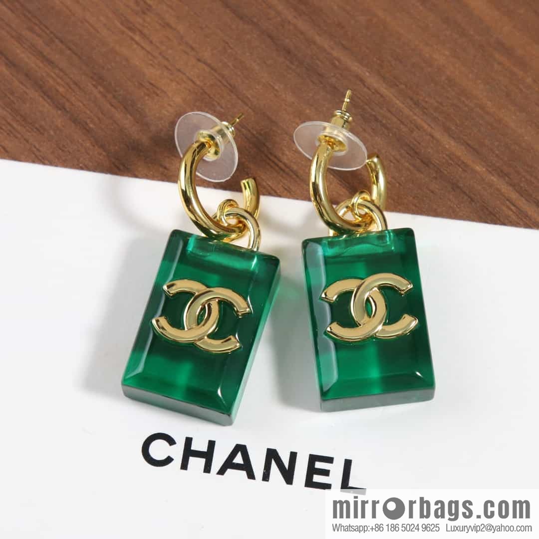 New ☑️ chanel c2 double c green square acrylic stud earrings