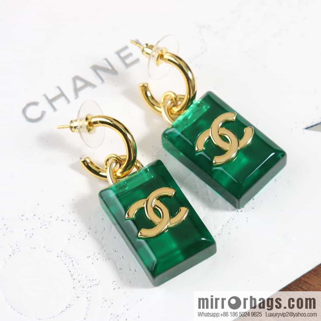 New ☑️ chanel c2 double c green square acrylic stud earrings