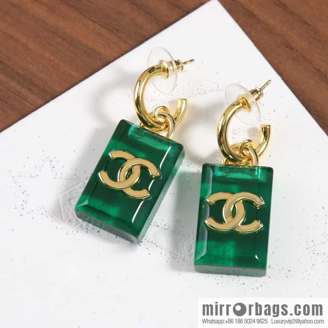 New ☑️ chanel c2 double c green square acrylic stud earrings