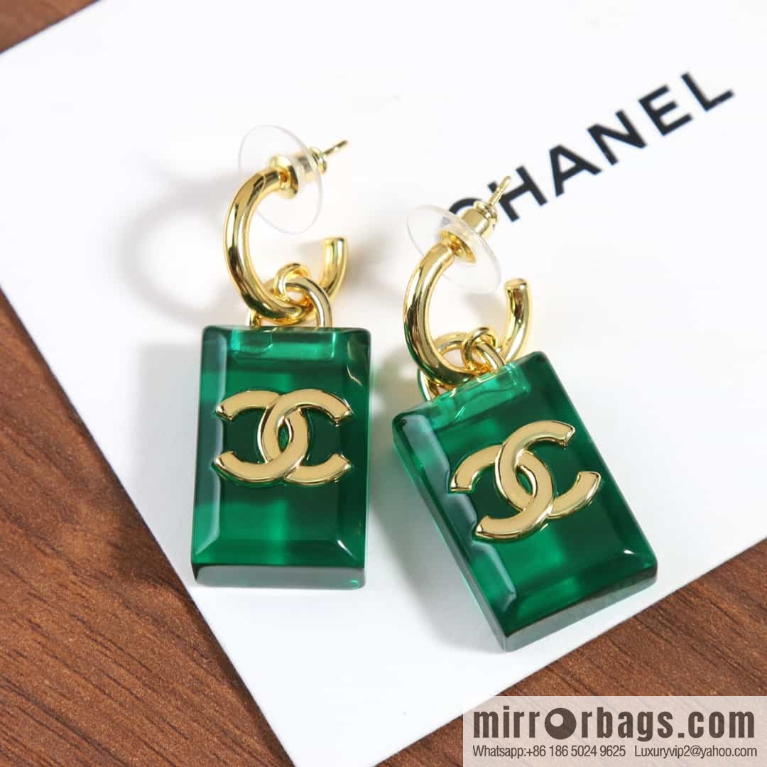 New ☑️ chanel c2 double c green square acrylic stud earrings