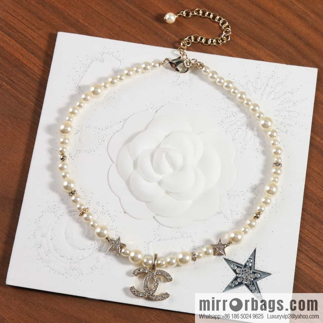 New ☑️ Chanel Full Diamond Double C Pentagram ⭐ Pearl Necklace Necklace