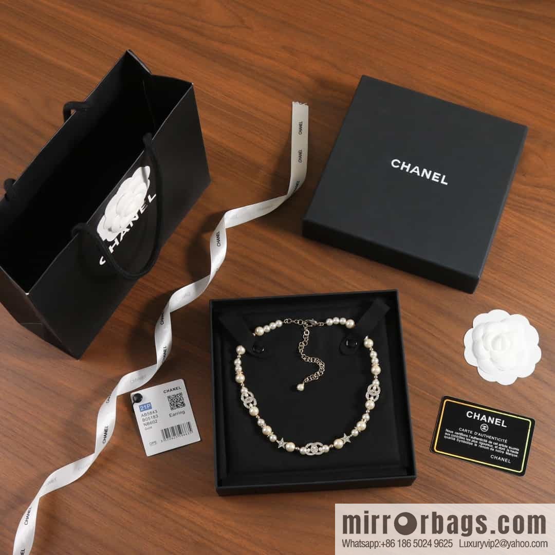 New ☑️ Chanel Full Diamond Double C Pentagram ⭐ Pearl Necklace Necklace