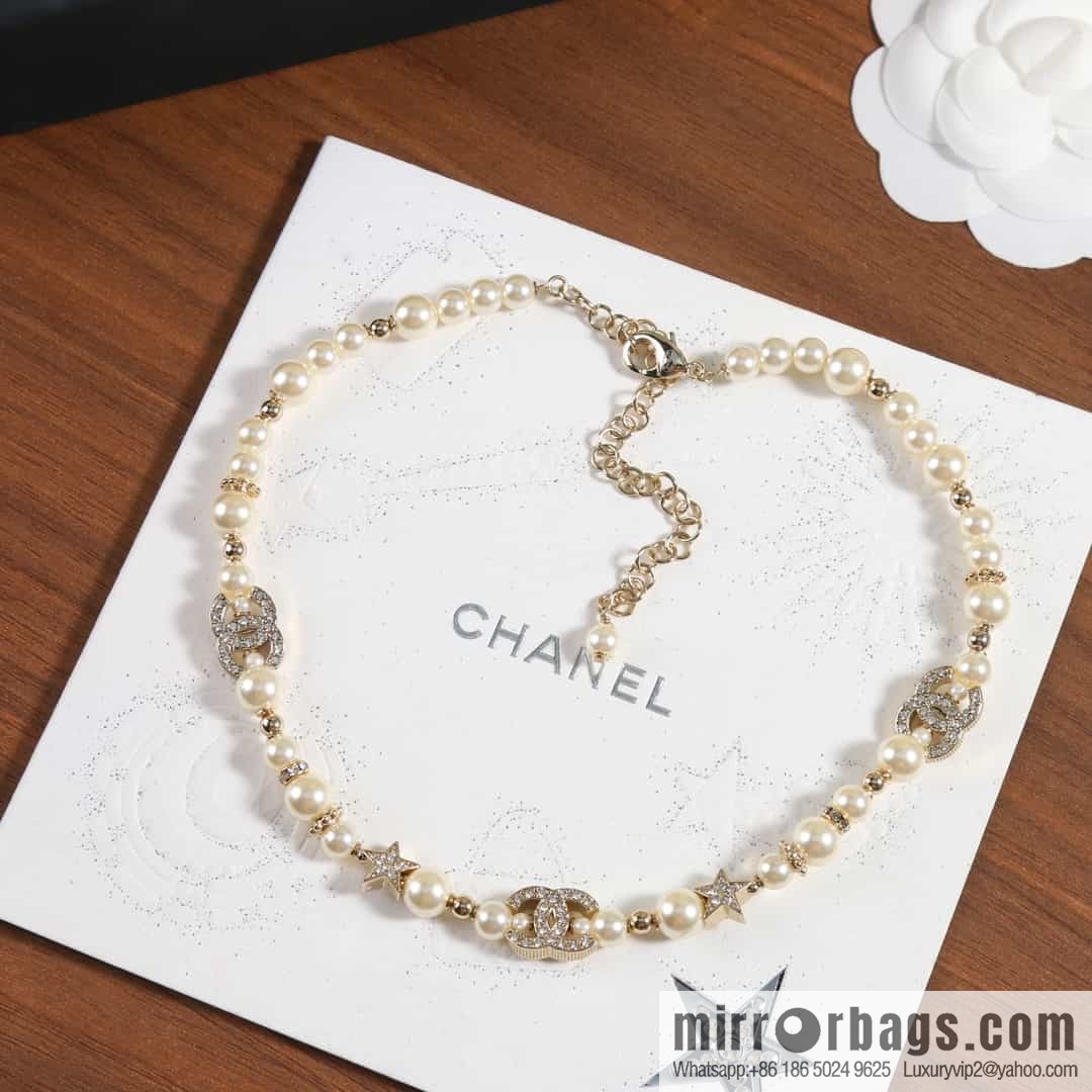 New ☑️ Chanel Full Diamond Double C Pentagram ⭐ Pearl Necklace Necklace