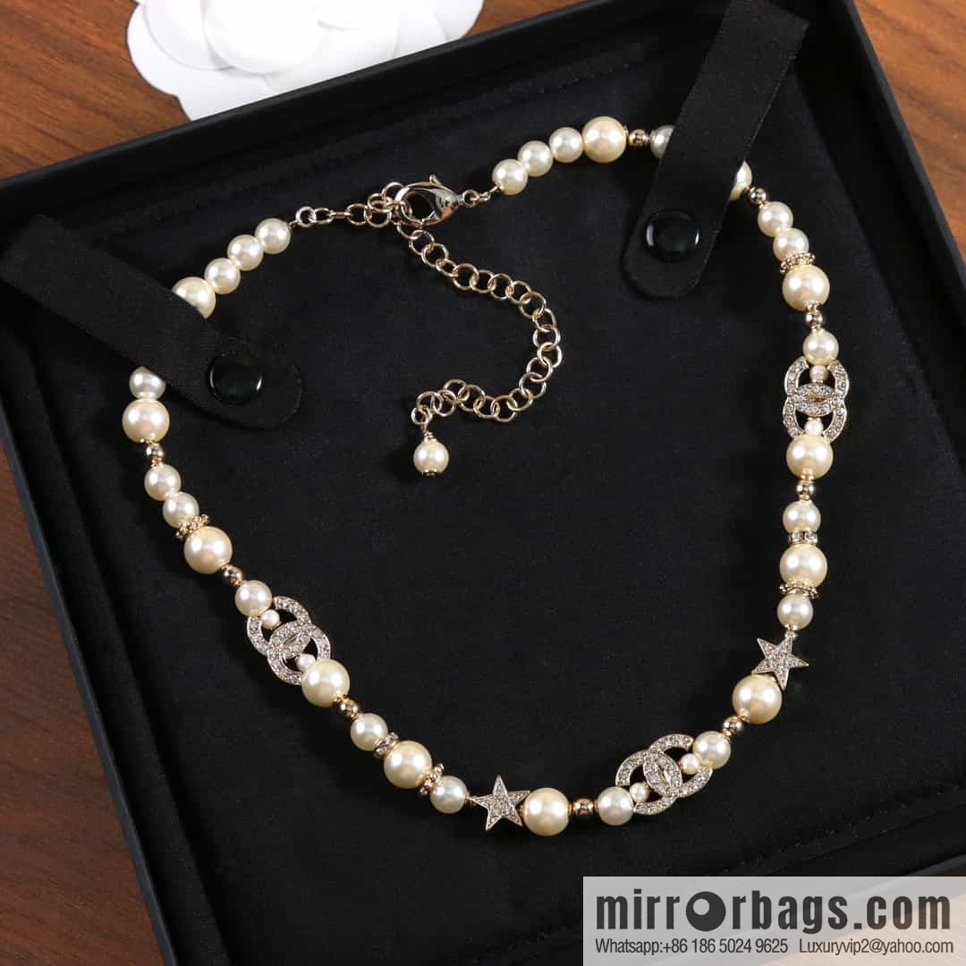 New ☑️ Chanel Full Diamond Double C Pentagram ⭐ Pearl Necklace Necklace