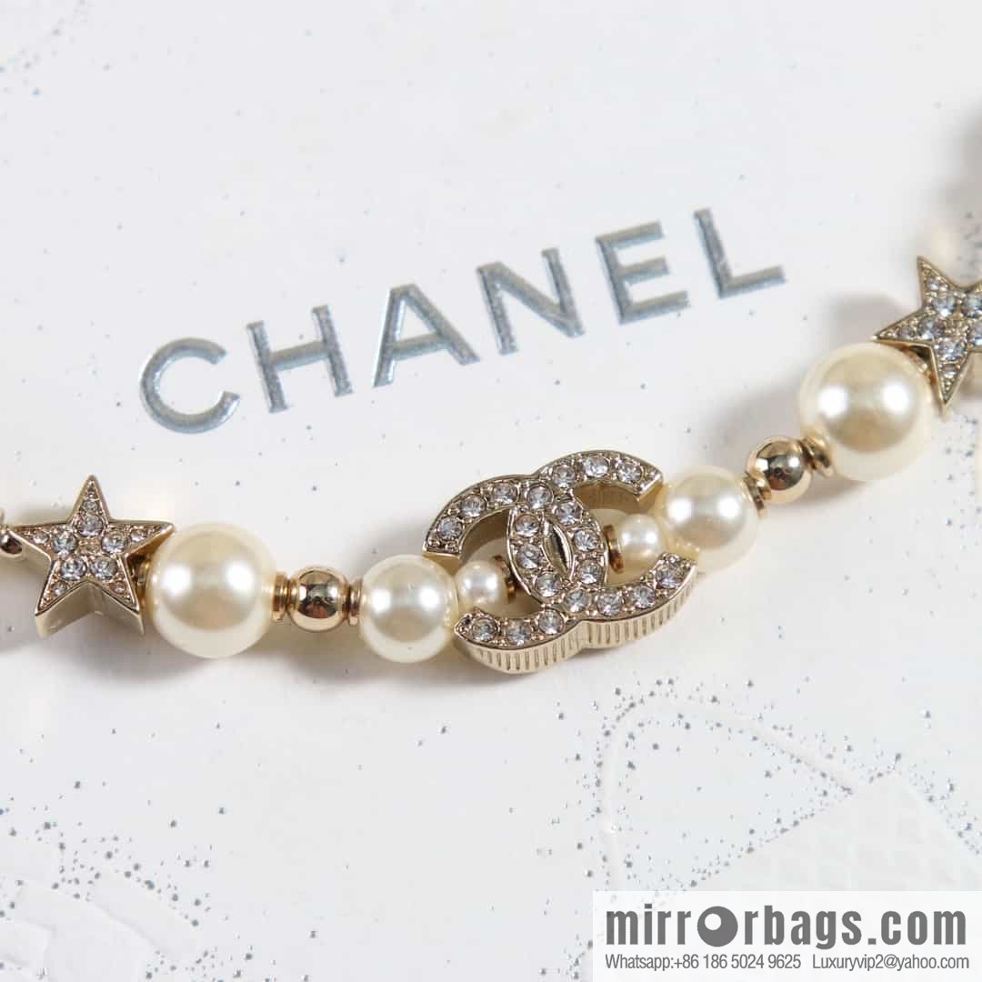 New ☑️ Chanel Full Diamond Double C Pentagram ⭐ Pearl Necklace Necklace