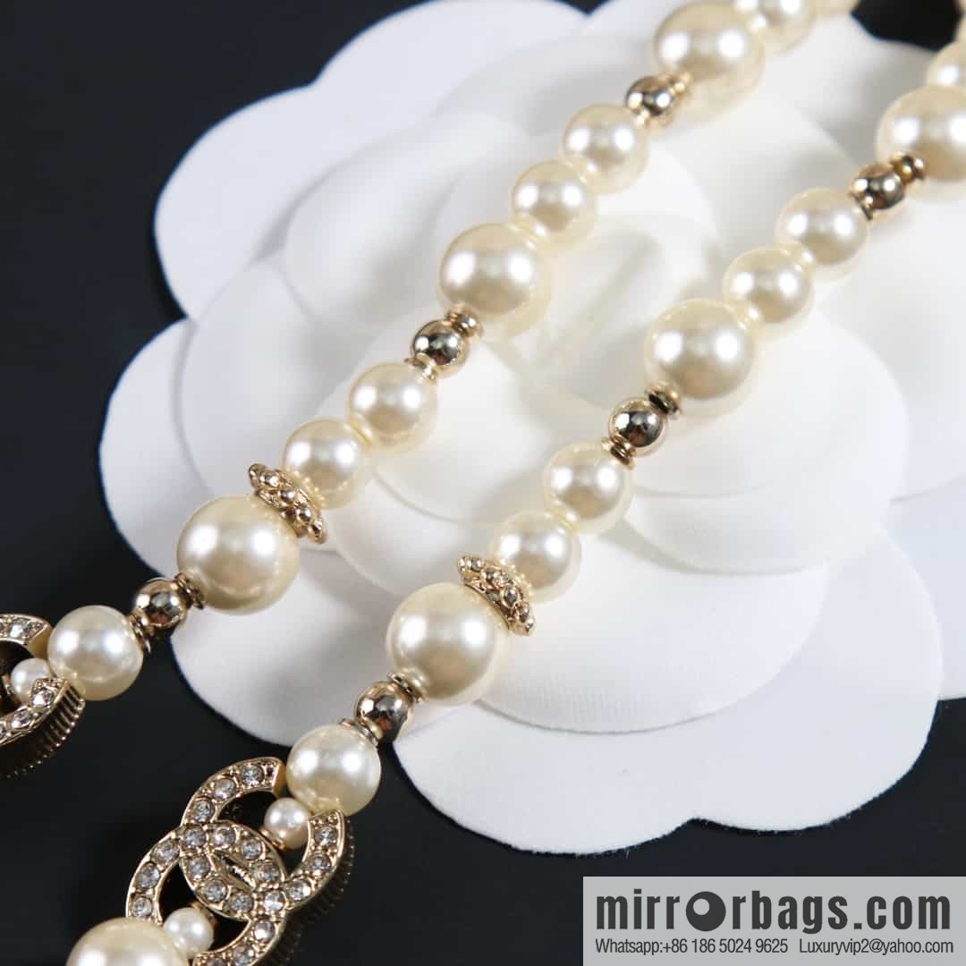 New ☑️ Chanel Full Diamond Double C Pentagram ⭐ Pearl Necklace Necklace