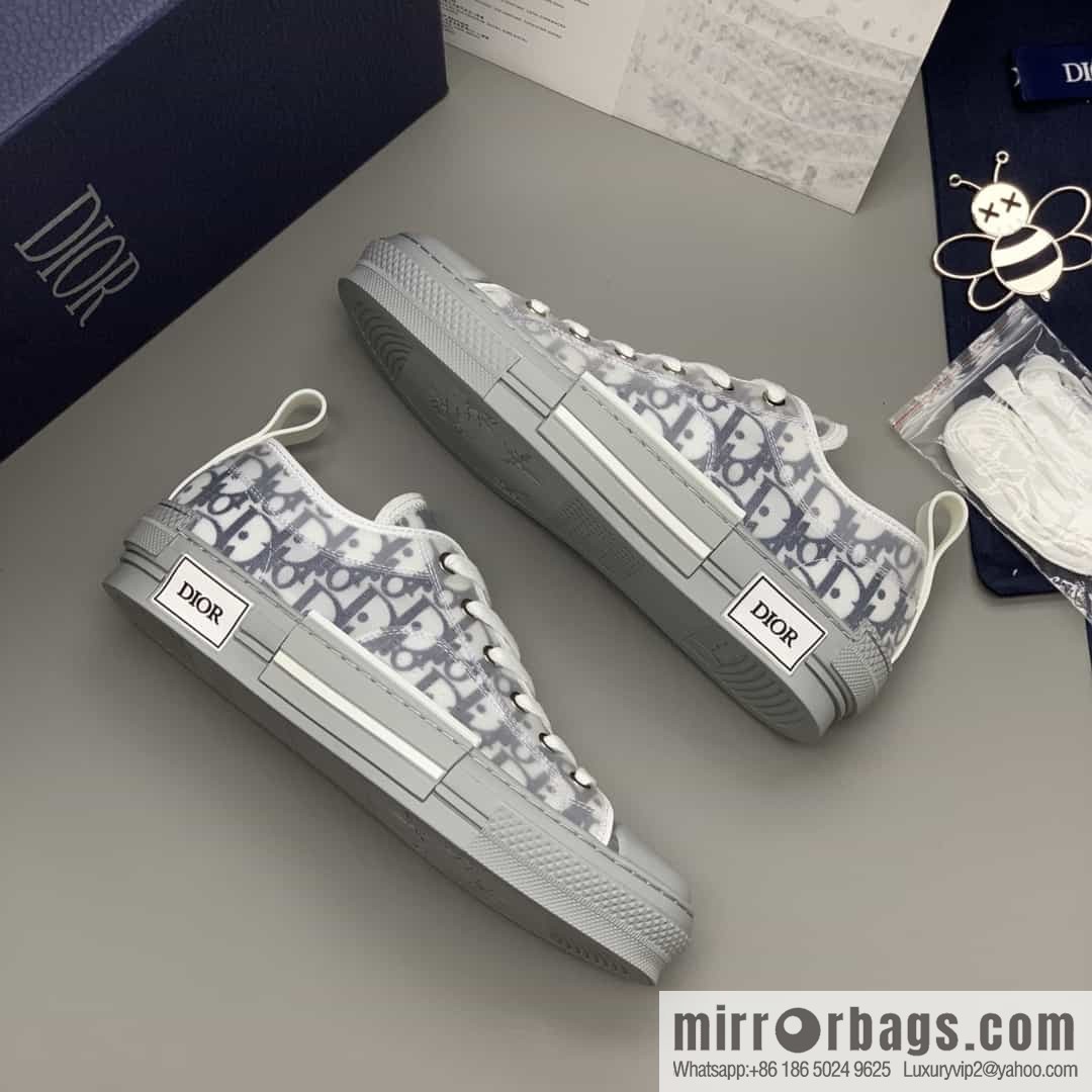 DIOR Dior Unisex low-top shoes with clear mesh fabric inserts and grey Oblique printed canvas