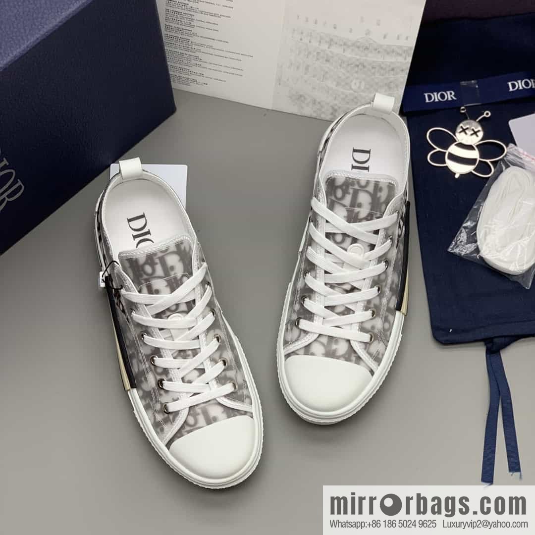 DIOR Dior Unisex low-top shoes with clear mesh fabric inserts and grey Oblique printed canvas