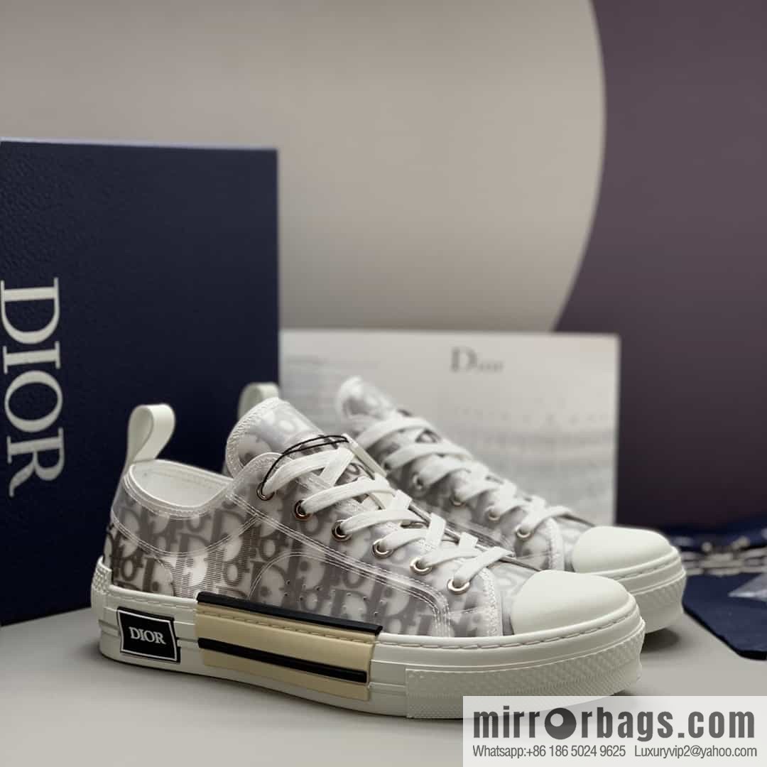 DIOR Dior Unisex low-top shoes with clear mesh fabric inserts and grey Oblique printed canvas
