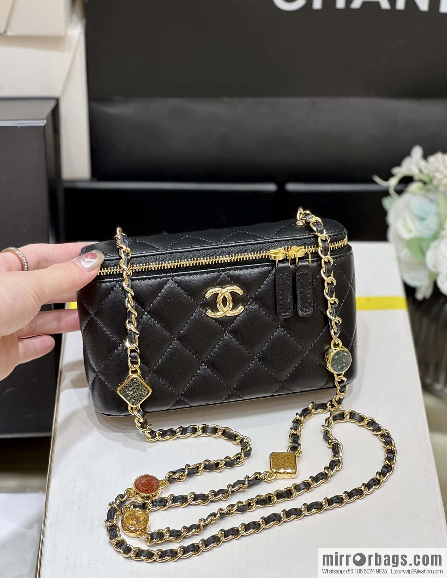 CHANEL 23A Premium Handicraft Collection, Limited Edition Gem chain strap box bag AP3416 black