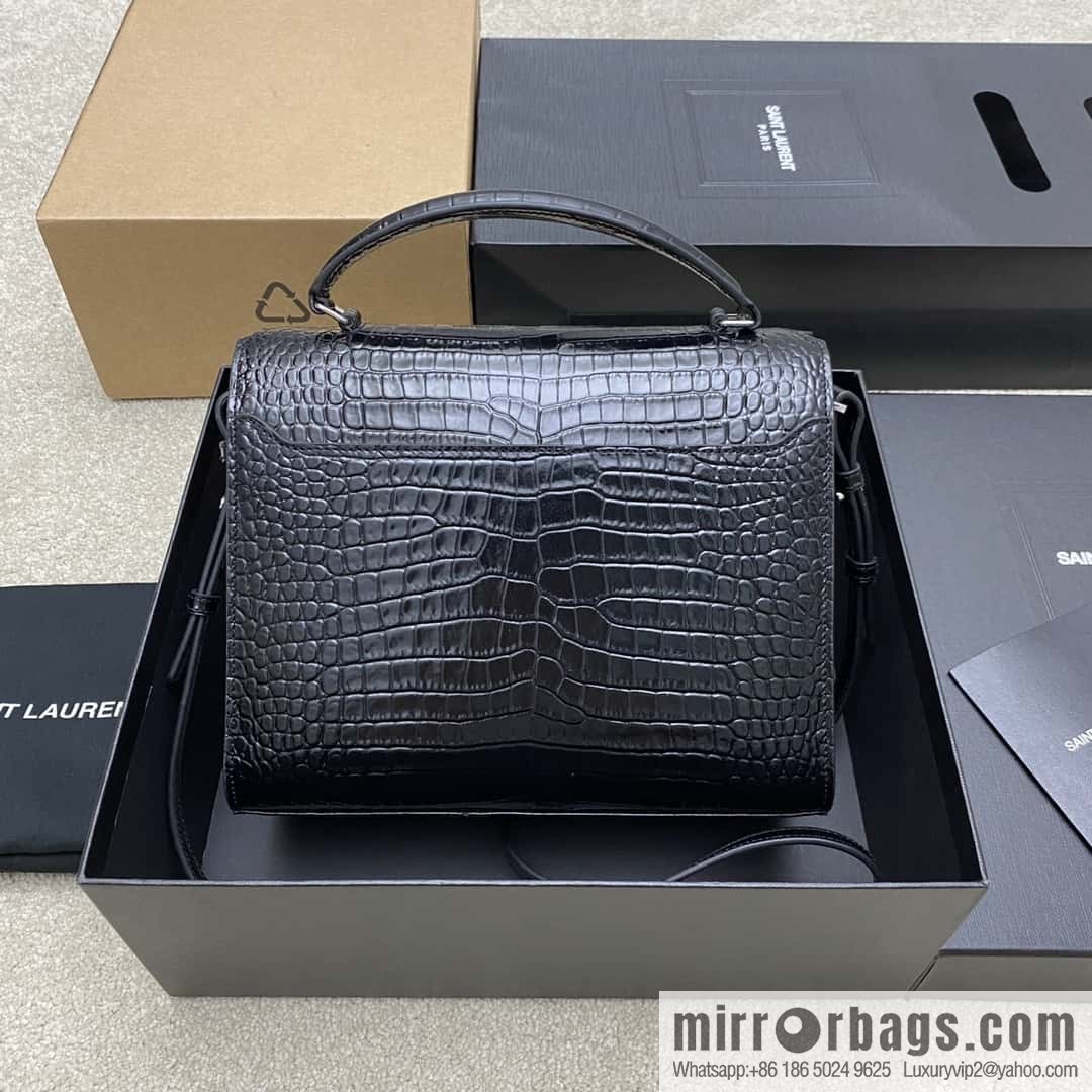 CASSANDRA series new original leather pressed crocodile pattern black crocodile/silver buckle Model: 578000