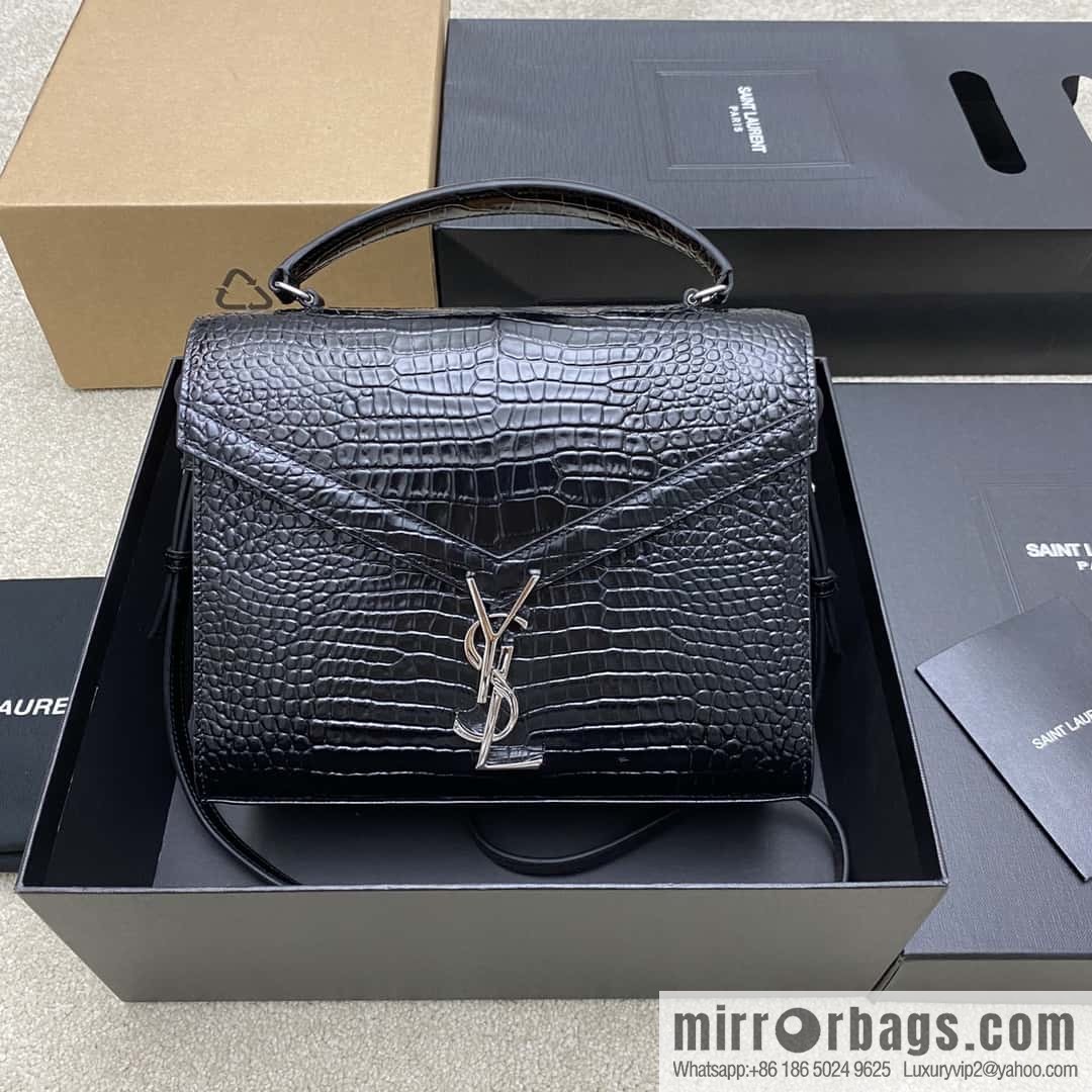 CASSANDRA series new original leather pressed crocodile pattern black crocodile/silver buckle Model: 578000