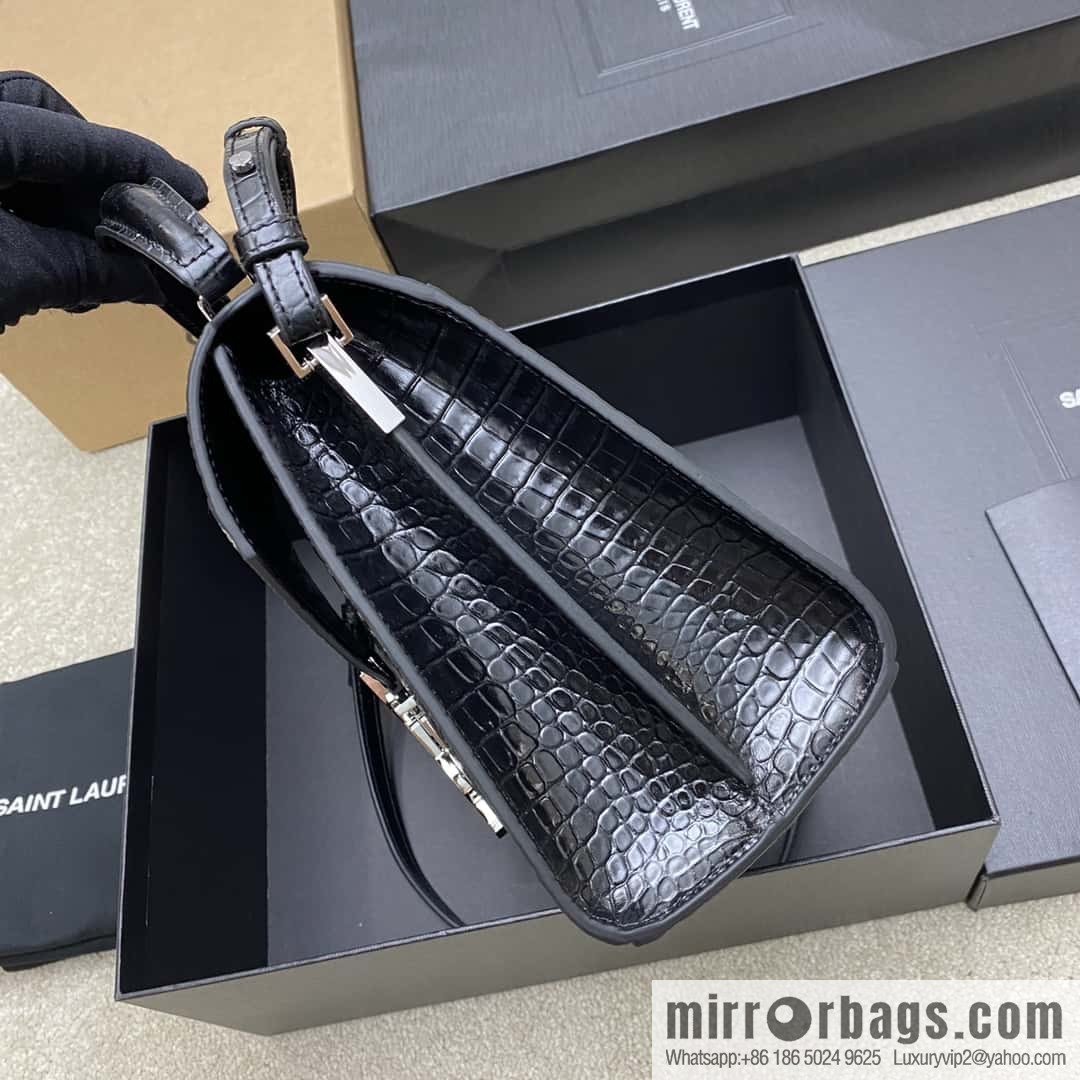 CASSANDRA series new original leather pressed crocodile pattern black crocodile/silver buckle Model: 578000