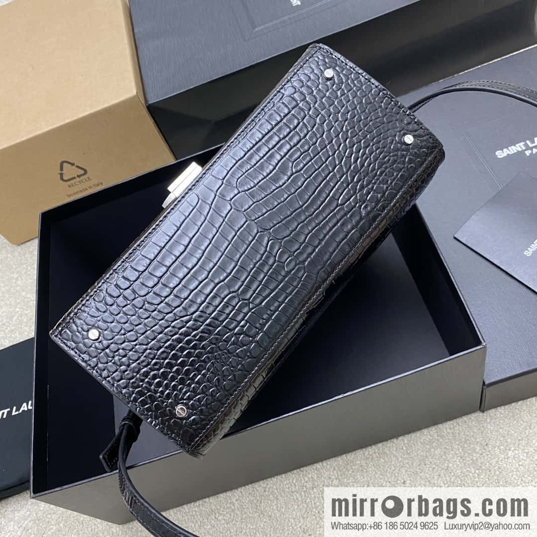 CASSANDRA series new original leather pressed crocodile pattern black crocodile/silver buckle Model: 578000