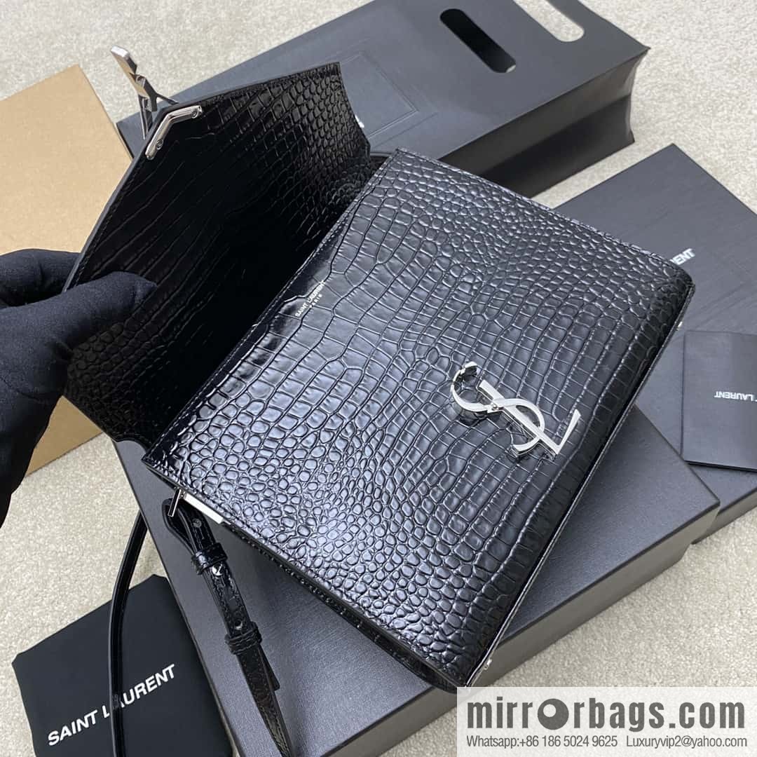 CASSANDRA series new original leather pressed crocodile pattern black crocodile/silver buckle Model: 578000
