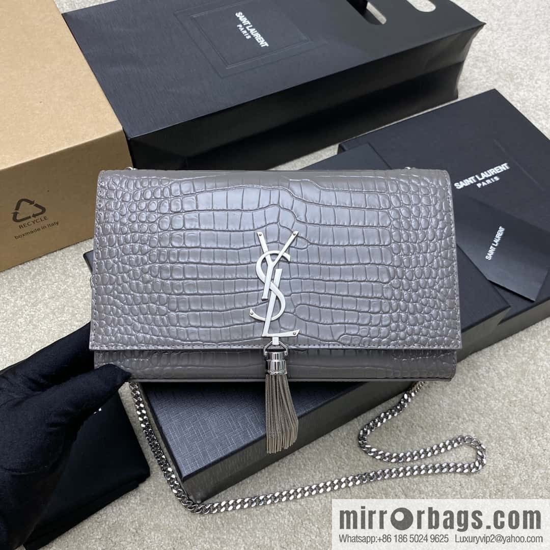 Y's most classic style Kate crocodile pattern chain strap crossbody bag gray crocodile/gold buckle Model: 377829