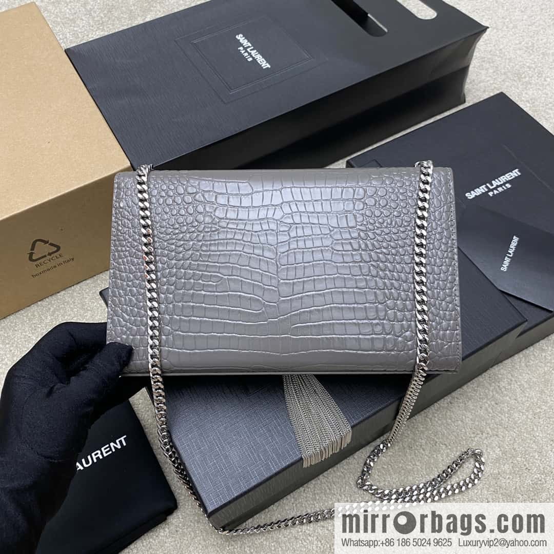 Y's most classic style Kate crocodile pattern chain strap crossbody bag gray crocodile/gold buckle Model: 377829