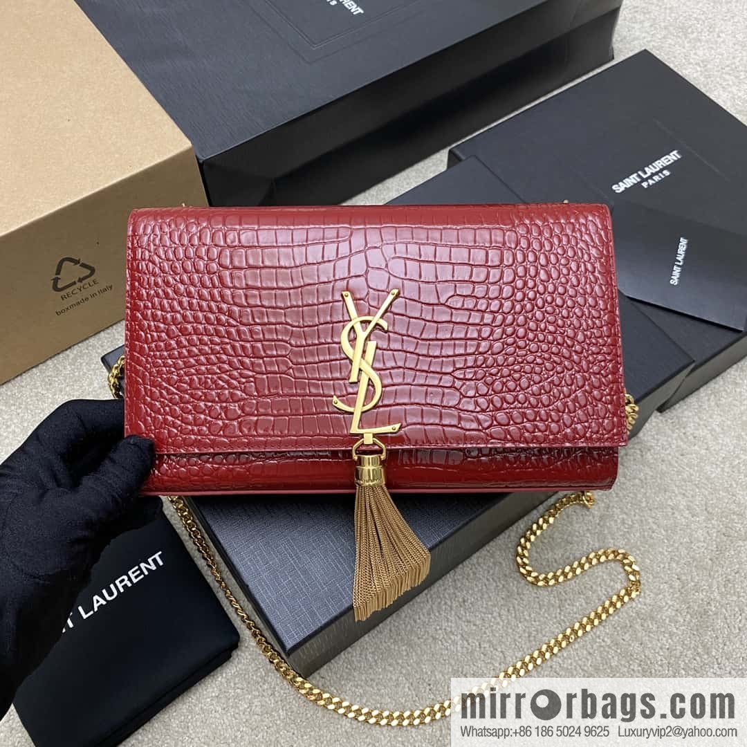 Y's most classic style Kate crocodile pattern chain strap crossbody bag big red crocodile/gold buckle Model: 377829
