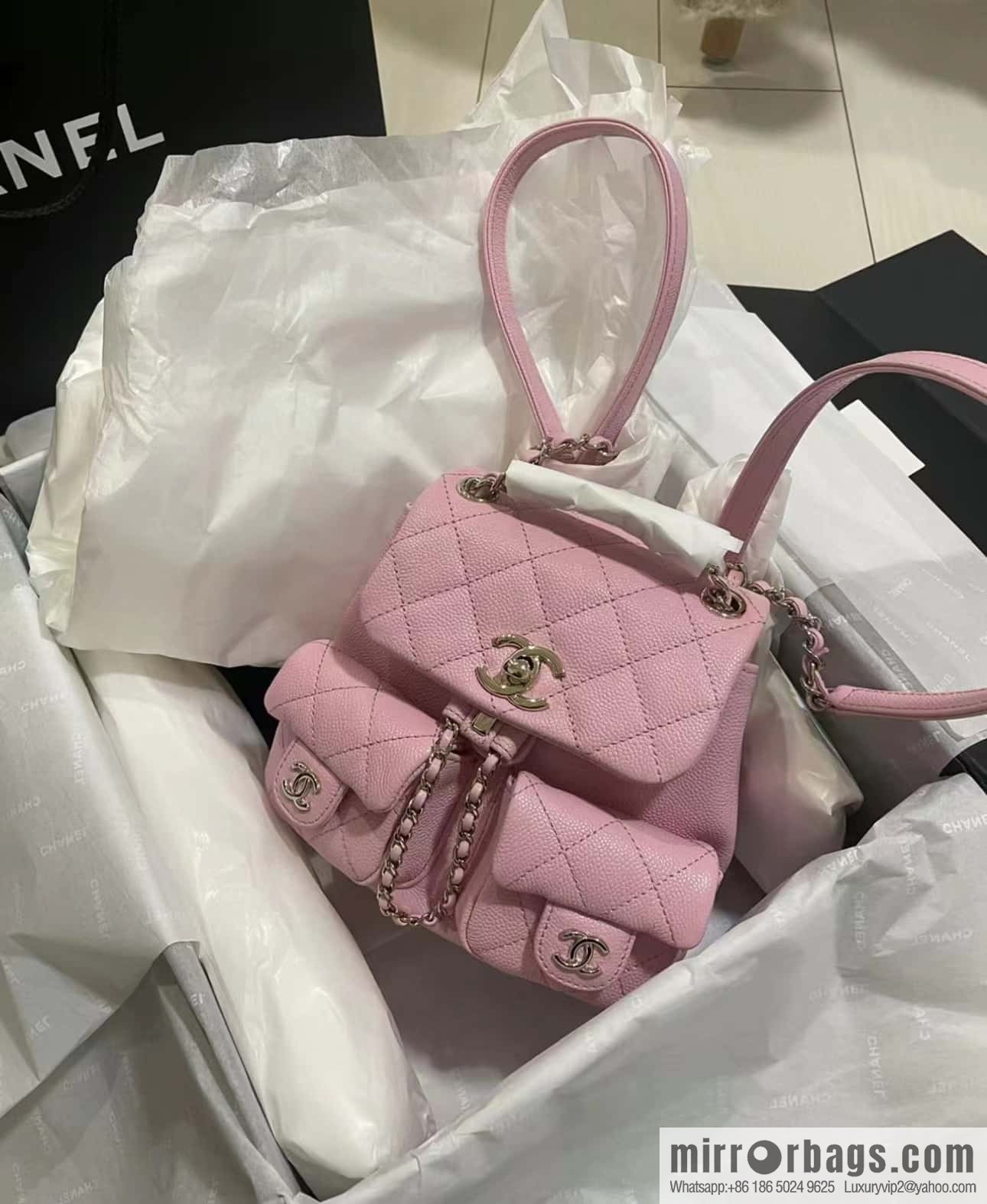 CHANEL 23P spring and summer trailer series, lychee leather duma double backpack AS3787 pink