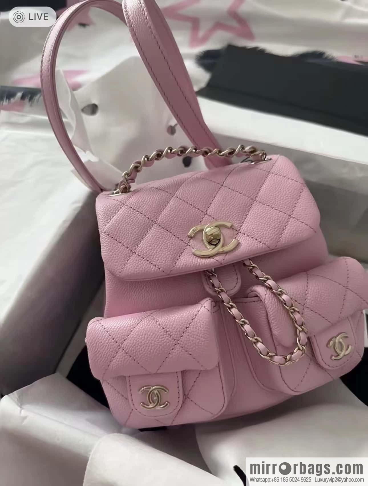 CHANEL 23P spring and summer trailer series, lychee leather duma double backpack AS3787 pink