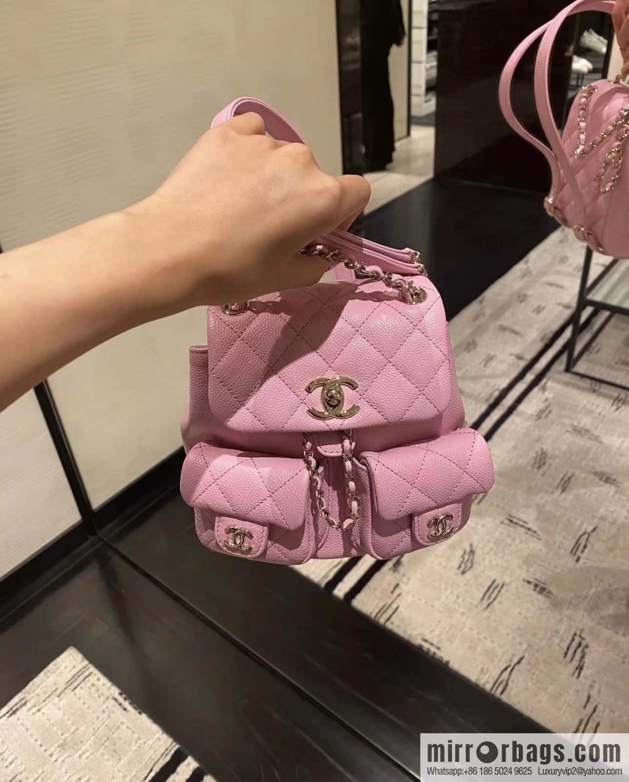CHANEL 23P spring and summer trailer series, lychee leather duma double backpack AS3787 pink