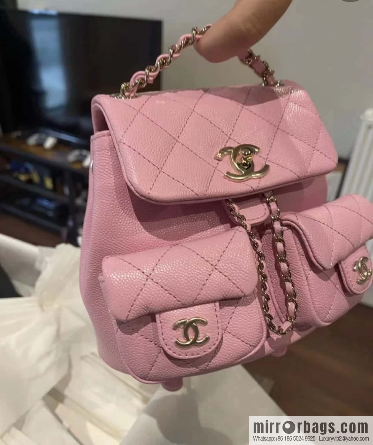 CHANEL 23P spring and summer trailer series, lychee leather duma double backpack AS3787 pink