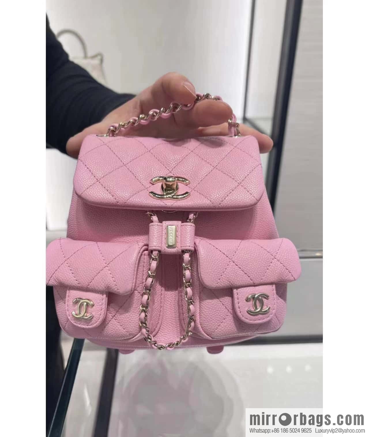 CHANEL 23P spring and summer trailer series, lychee leather duma double backpack AS3787 pink