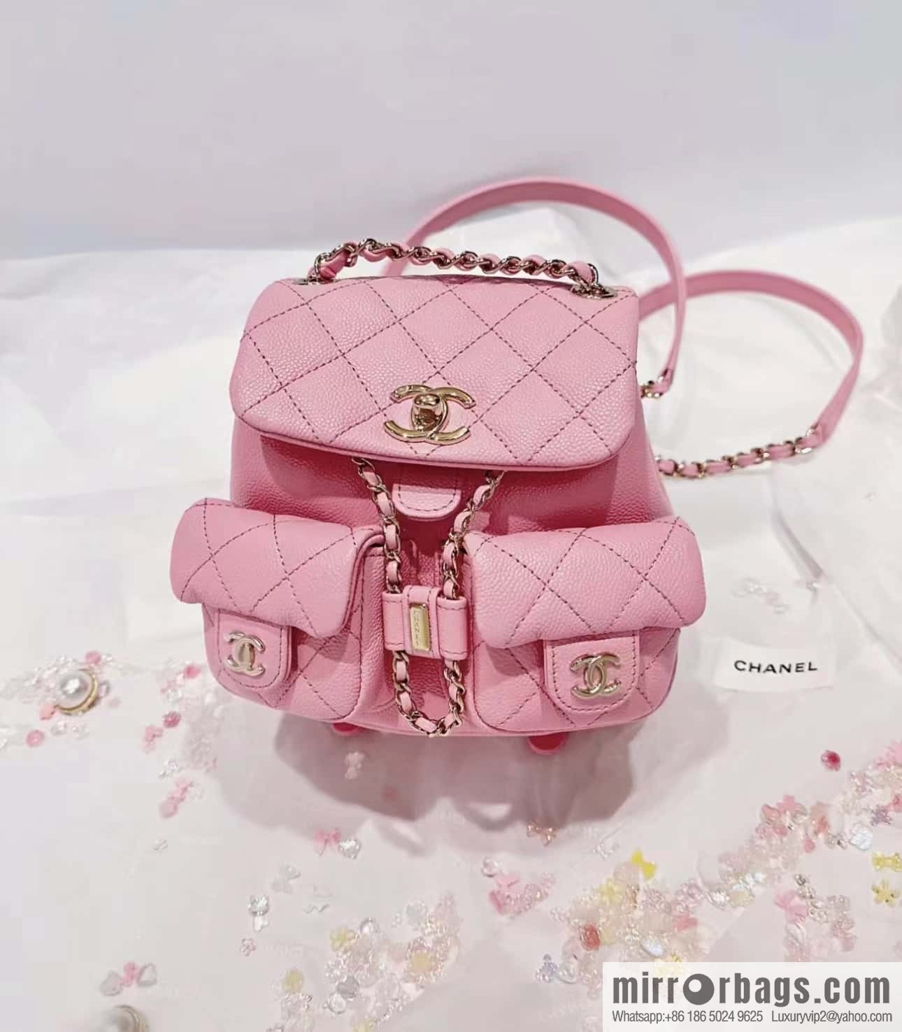 CHANEL 23P spring and summer trailer series, lychee leather duma double backpack AS3787 pink
