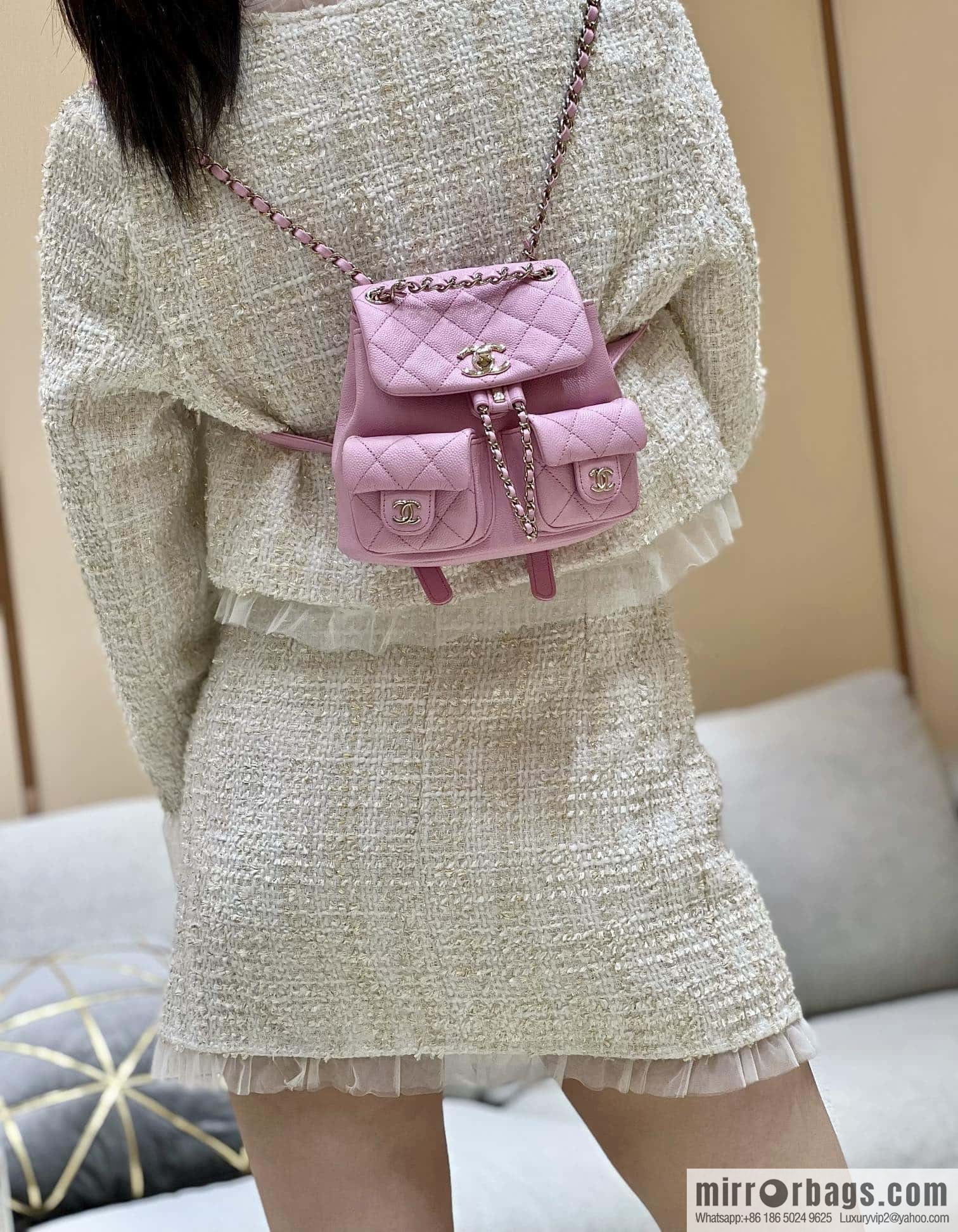 CHANEL 23P spring and summer trailer series, lychee leather duma double backpack AS3787 pink