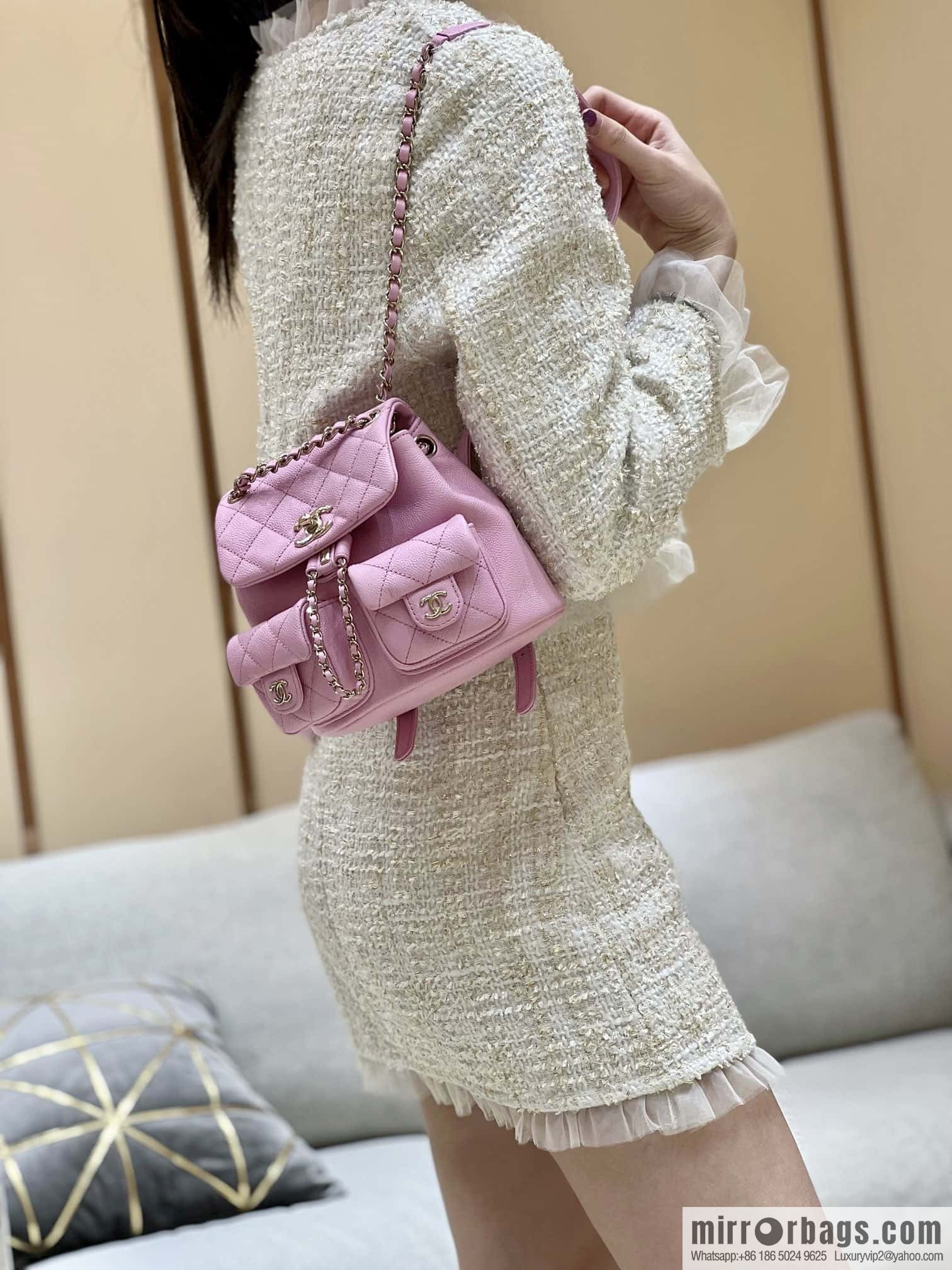 CHANEL 23P spring and summer trailer series, lychee leather duma double backpack AS3787 pink