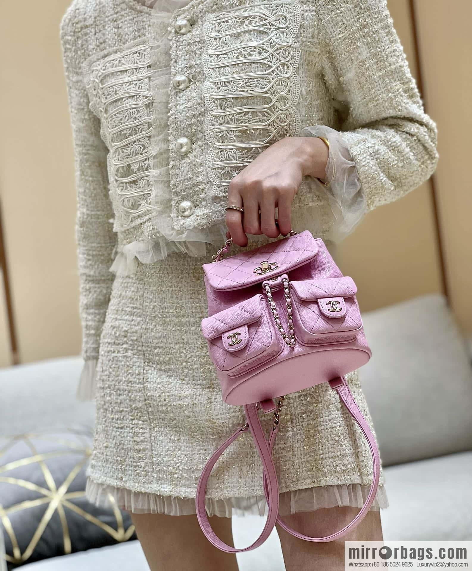 CHANEL 23P spring and summer trailer series, lychee leather duma double backpack AS3787 pink