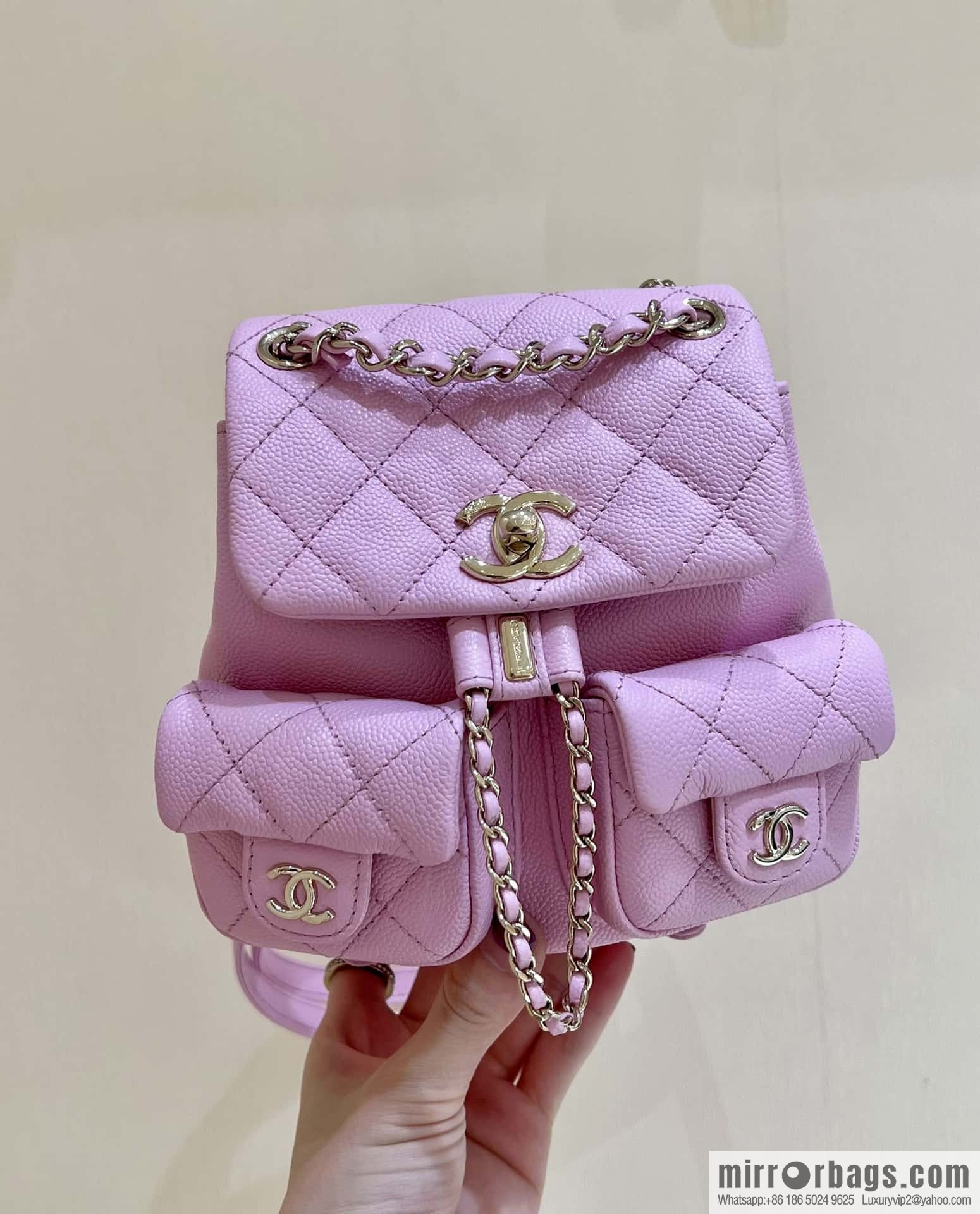 CHANEL 23P spring and summer trailer series, lychee leather duma double backpack AS3787 pink