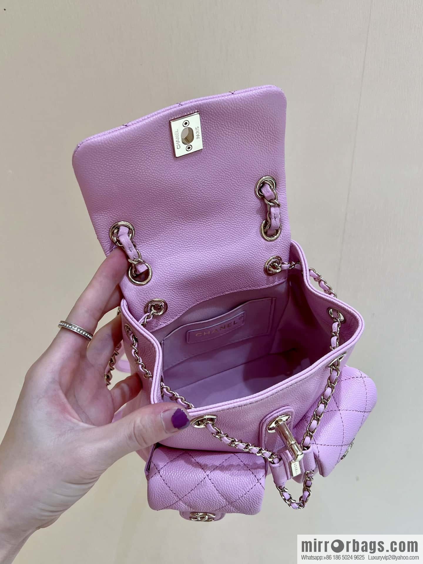 CHANEL 23P spring and summer trailer series, lychee leather duma double backpack AS3787 pink