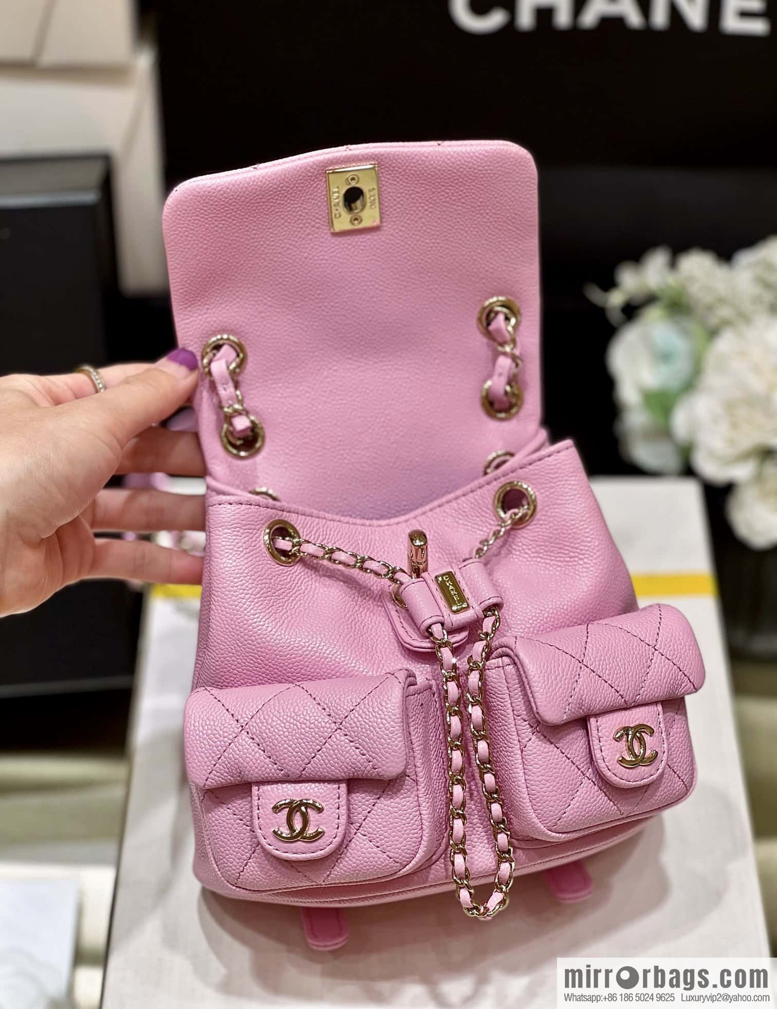 CHANEL 23P spring and summer trailer series, lychee leather duma double backpack AS3787 pink