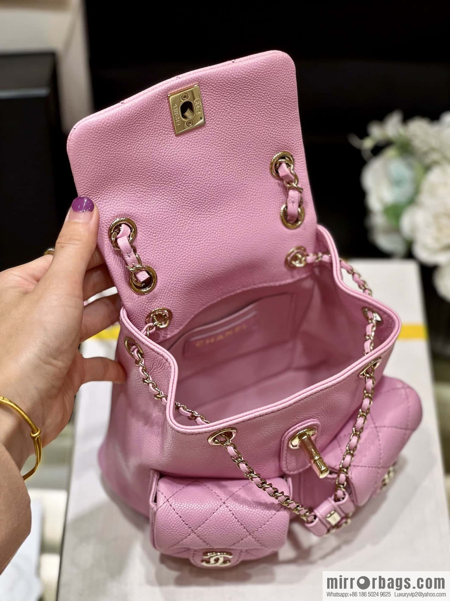 CHANEL 23P spring and summer trailer series, lychee leather duma double backpack AS3787 pink