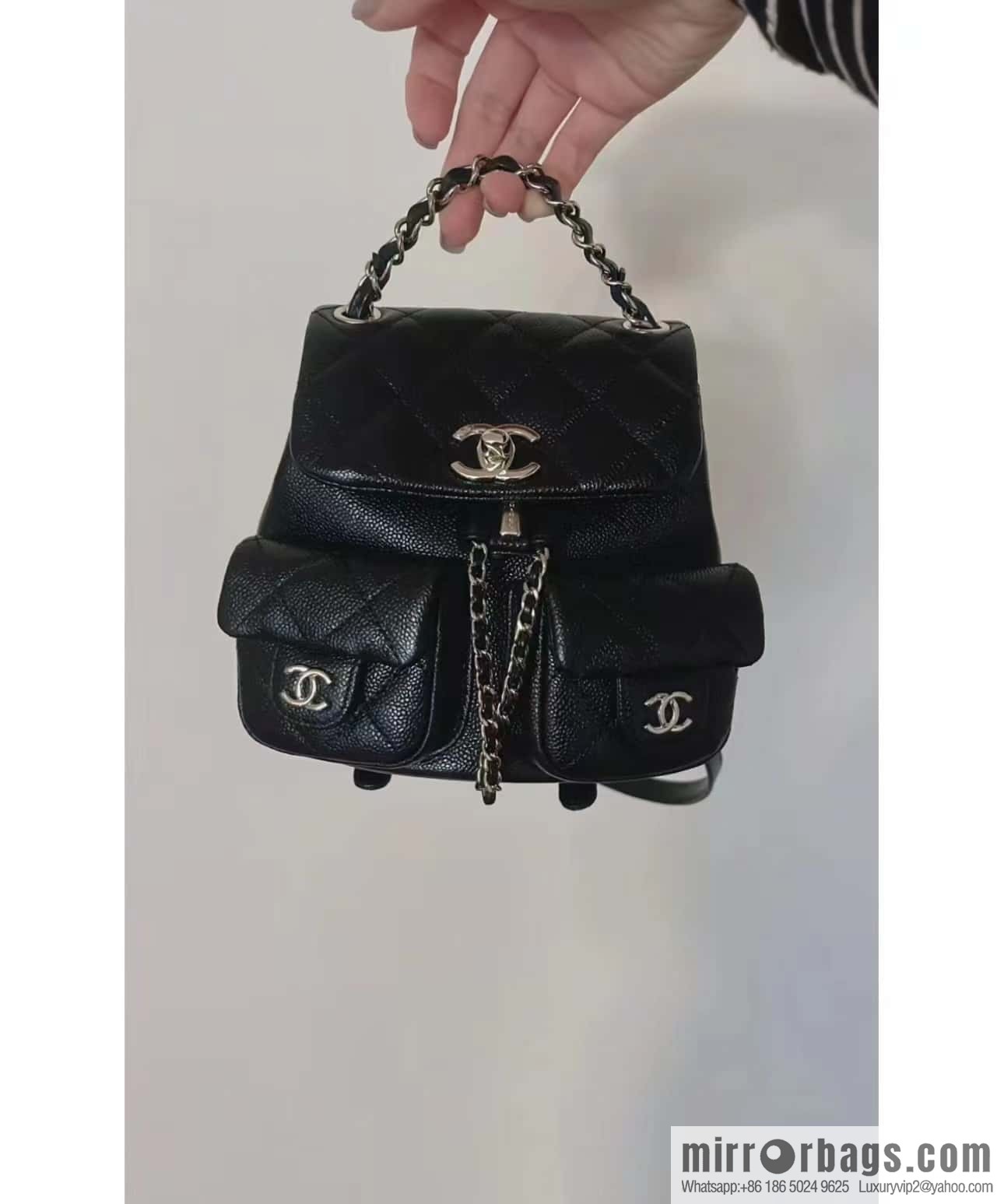 CHANEL 23P spring and summer trailer series, lychee leather duma double backpack AS3787 black
