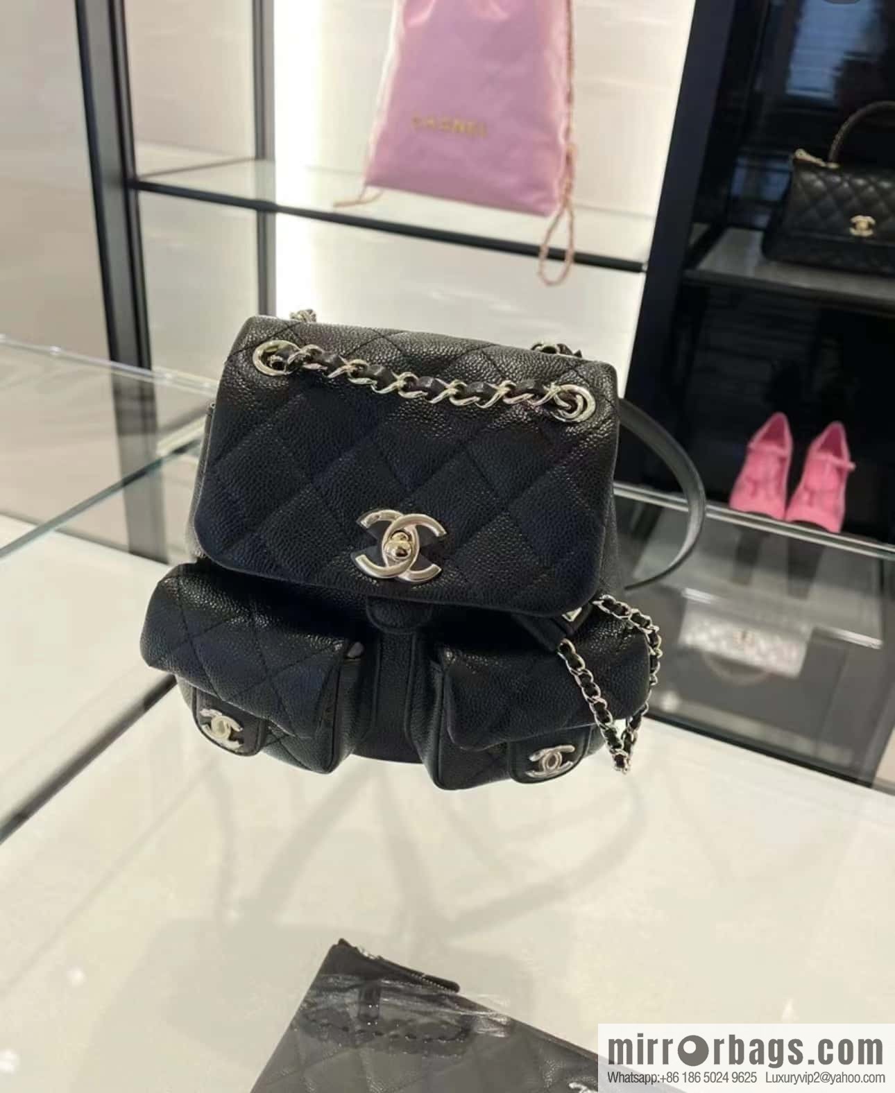 CHANEL 23P spring and summer trailer series, lychee leather duma double backpack AS3787 black