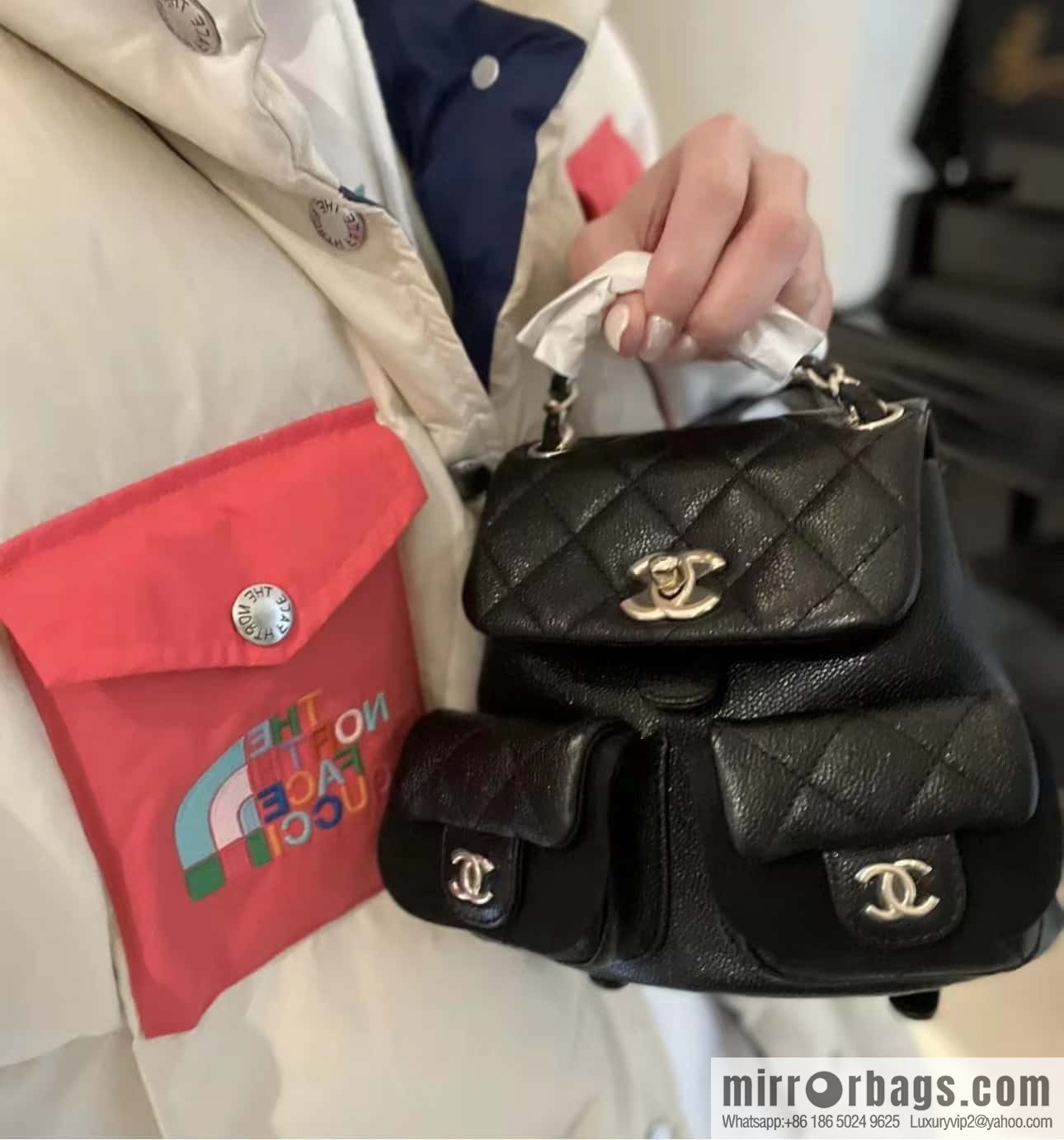 CHANEL 23P spring and summer trailer series, lychee leather duma double backpack AS3787 black