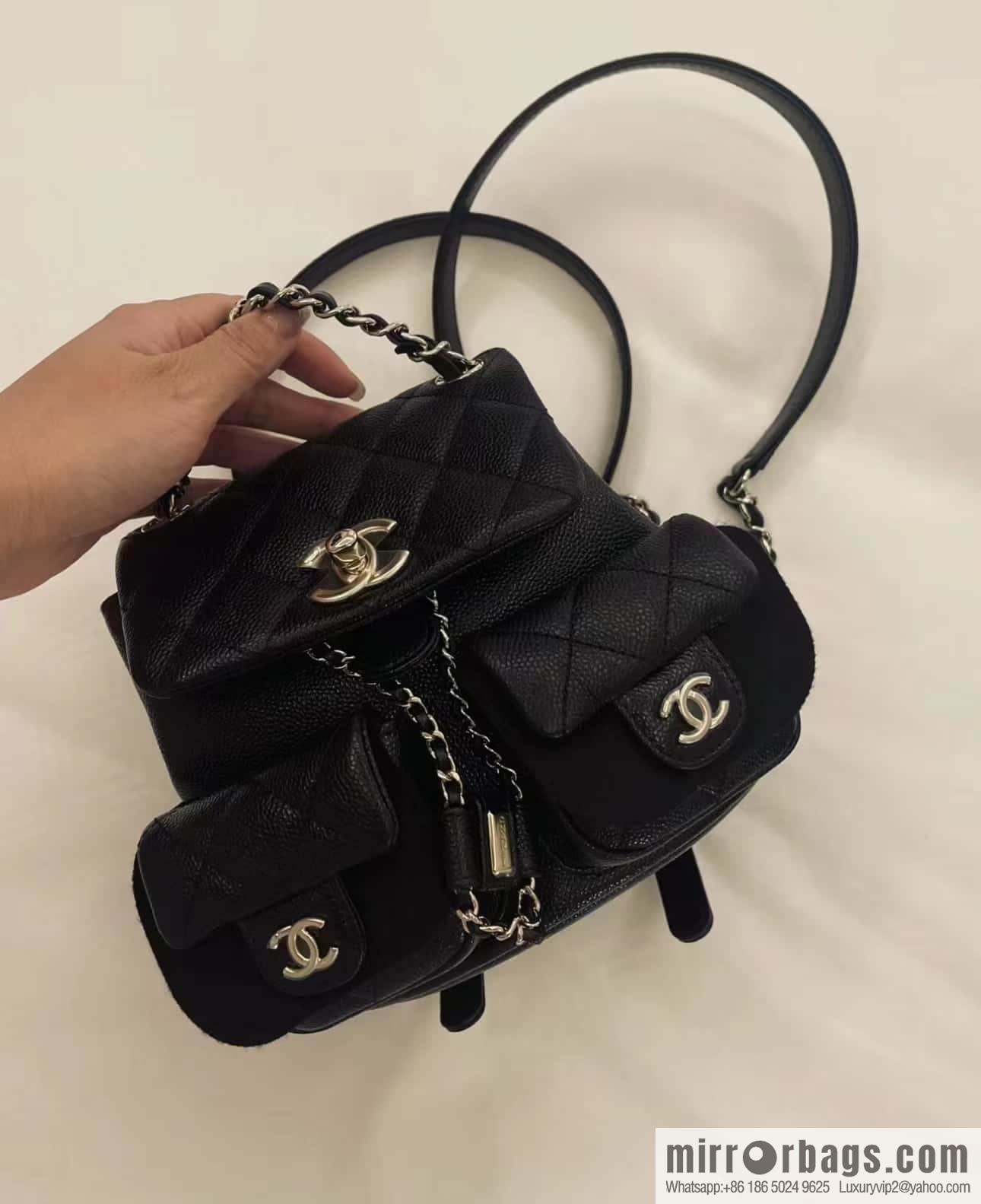 CHANEL 23P spring and summer trailer series, lychee leather duma double backpack AS3787 black