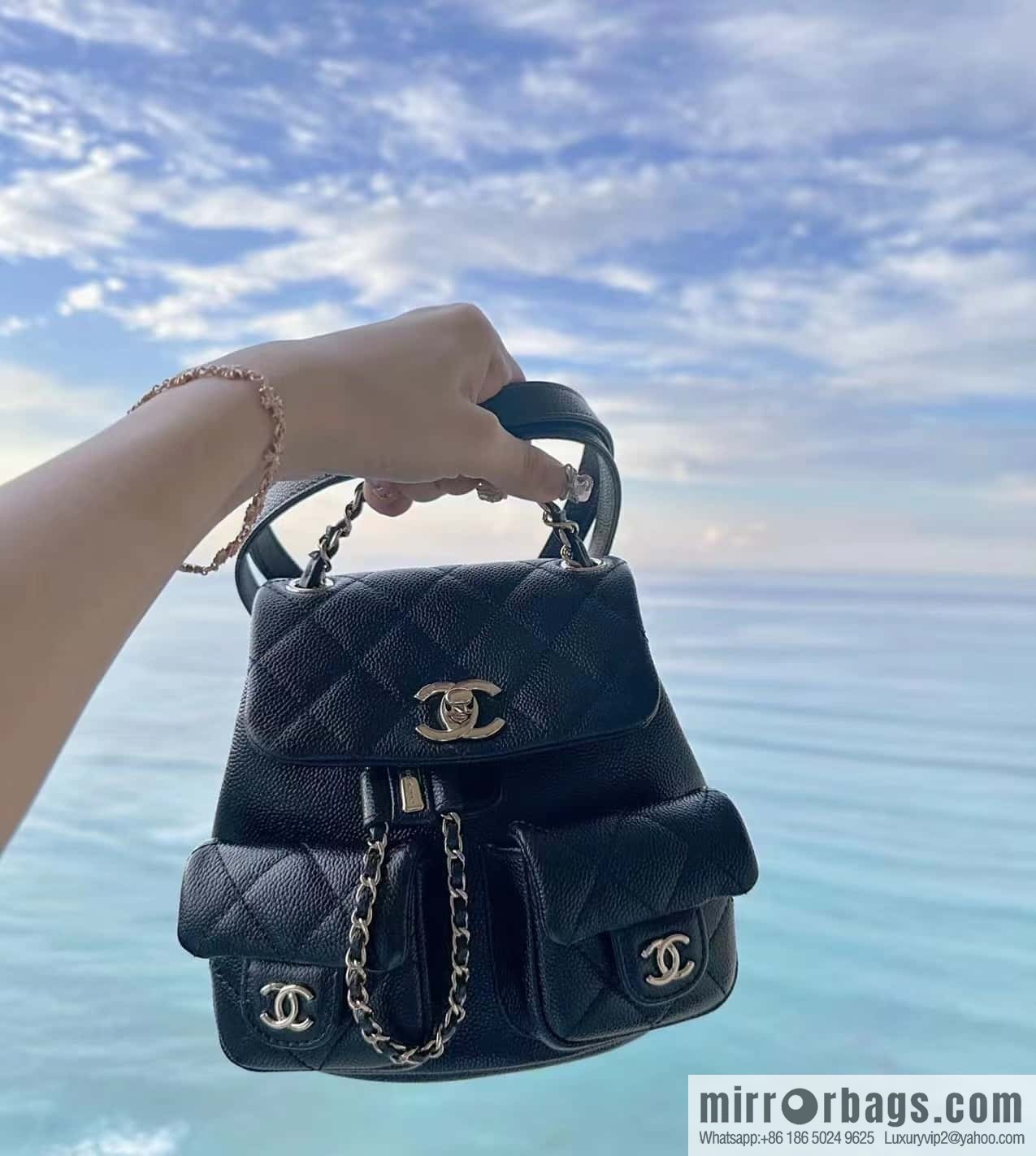 CHANEL 23P spring and summer trailer series, lychee leather duma double backpack AS3787 black
