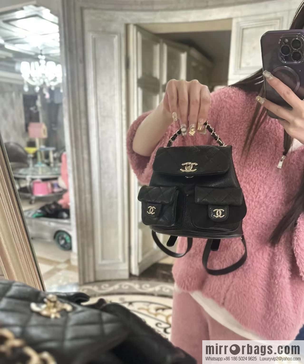 CHANEL 23P spring and summer trailer series, lychee leather duma double backpack AS3787 black