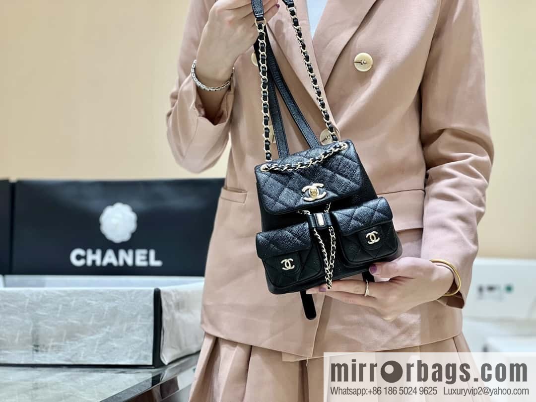 CHANEL 23P spring and summer trailer series, lychee leather duma double backpack AS3787 black